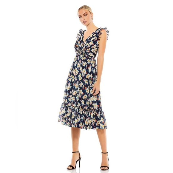 Ieena for Mac Duggal Flowy Floral Print V Neck Cap Sleeve Midi Dress 55665 - Picture 11 of 11